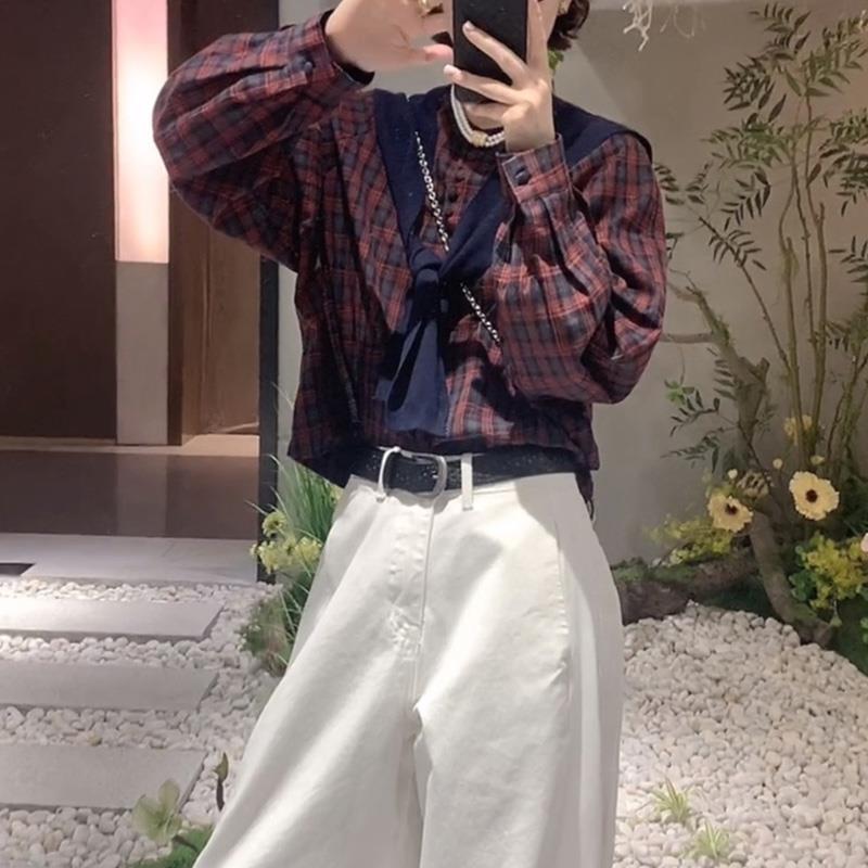 JOYIASS红格立领长袖衬衫女2025新款秋季复古文艺范宽松衬衣复古