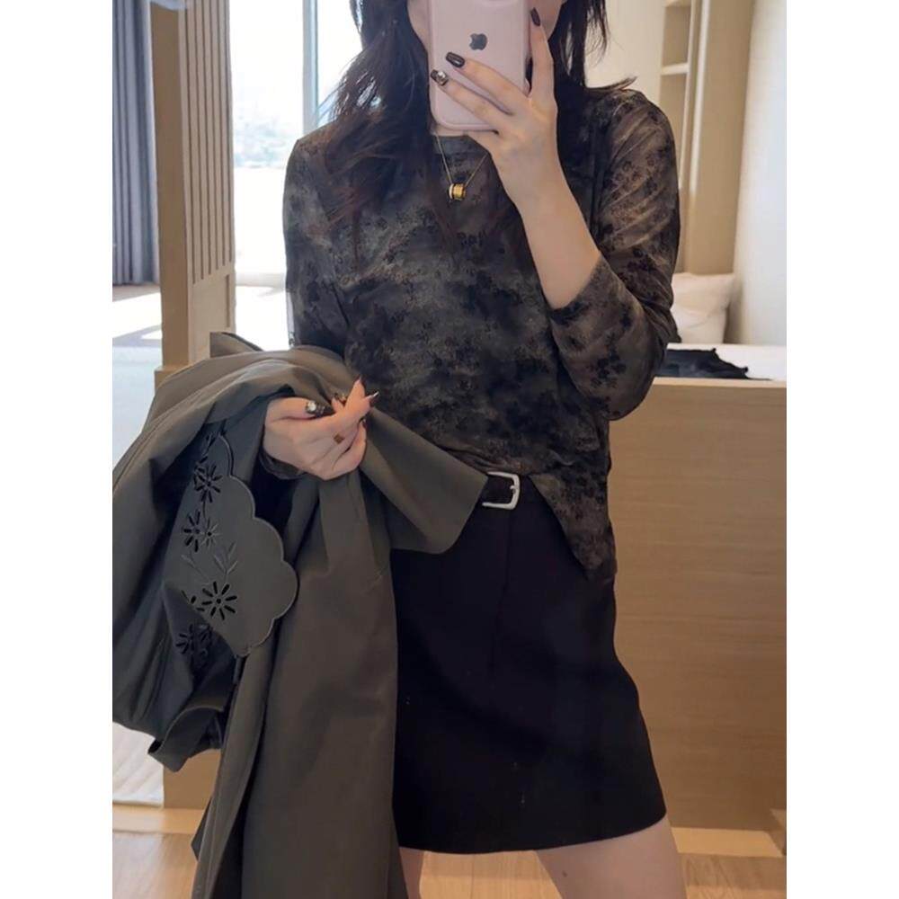 JOYIASS覆古扎染印花长袖打底衫t恤女2025新款早秋休闲洋气独特别