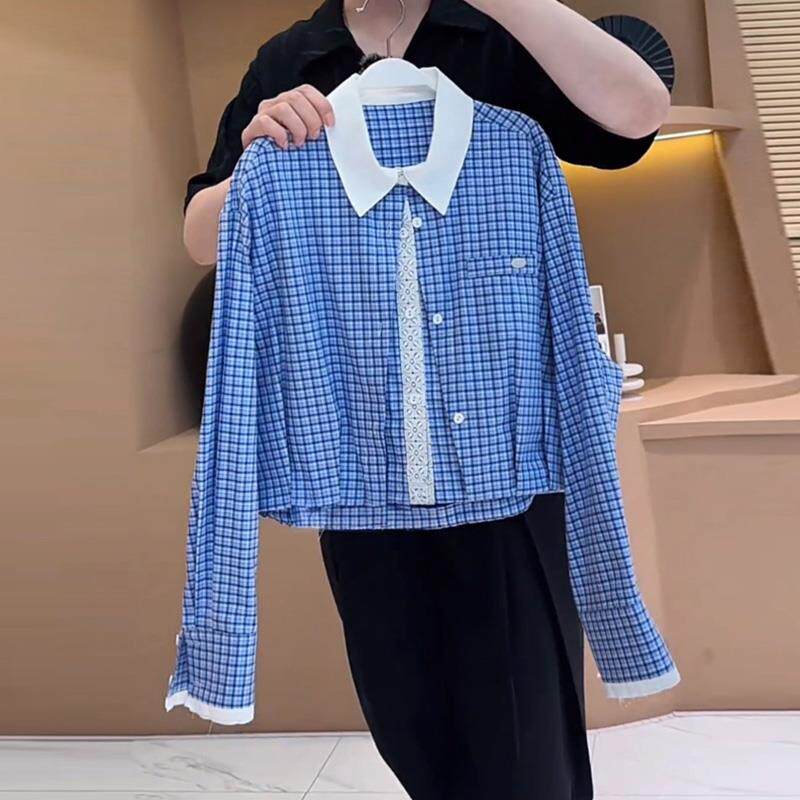 JOYIASS蕾丝双排扣撞色翻领解构主义格子衬衫外套女2025秋季时尚