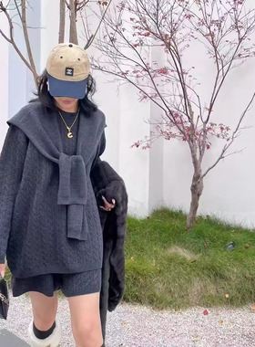 【多多还是多多】丝光羊毛极简麦穗纹套头毛衫短裤两件套装2765