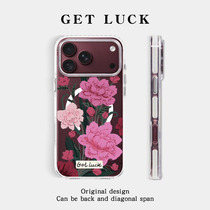 原创暗夜粉花适用苹果18promax手机壳创意新款透明磁吸iPhone17pro挂绳手提腕带斜挎波点16plus小众时尚复古