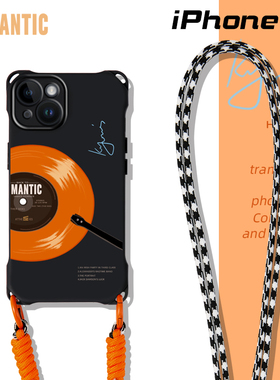 橙色唱片适用14手机壳斜跨苹果15可背黑色12pro背带16plus简约iphone13promax挂绳新款11高级感xsmax女xr创意