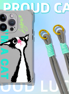 适用苹果13promax手机壳带挂绳新款灰色气质iphone14pro背带小众女11斜跨可背12腕带xsmax原创卡通15傲娇猫猫