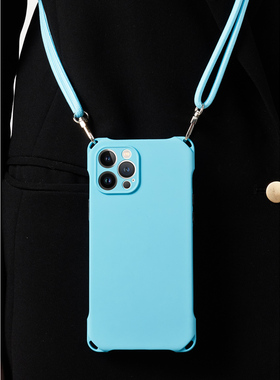 适用iphone14pro手机壳15背带斜跨蓝色清新13promax镜头全包可背新款苹果12带挂绳xsmax原创简约11ins风xr