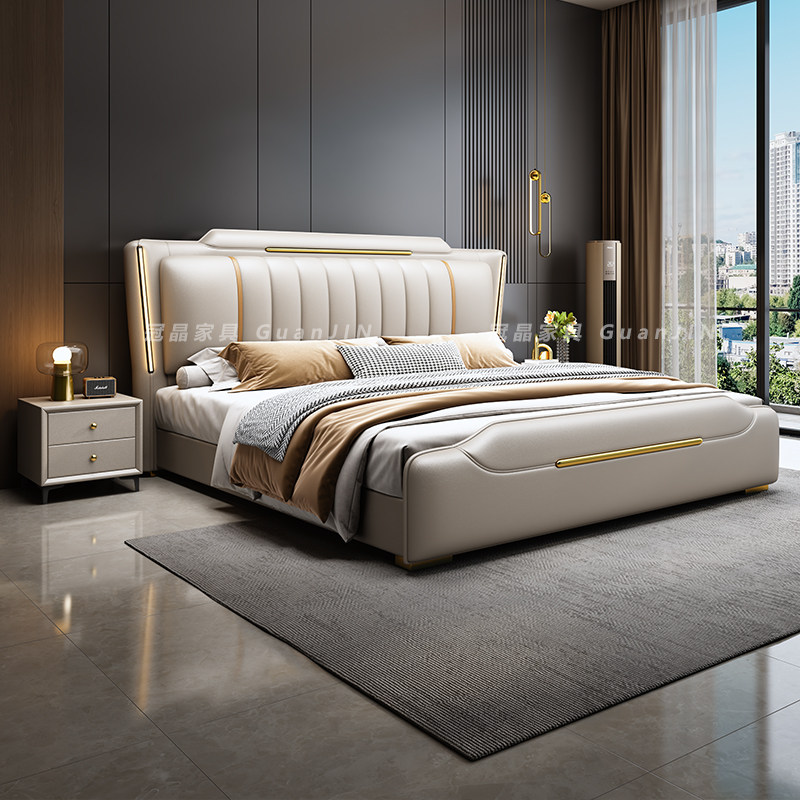 意式现代简约真皮床1.5米高端1.8双人床主卧气压储物软包婚床轻奢