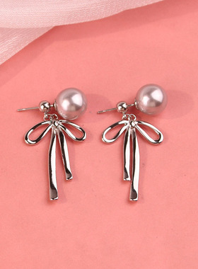 纯银清冷感灰色珍珠蝴蝶结流苏耳环女轻奢高级感耳钉耳饰2024新款