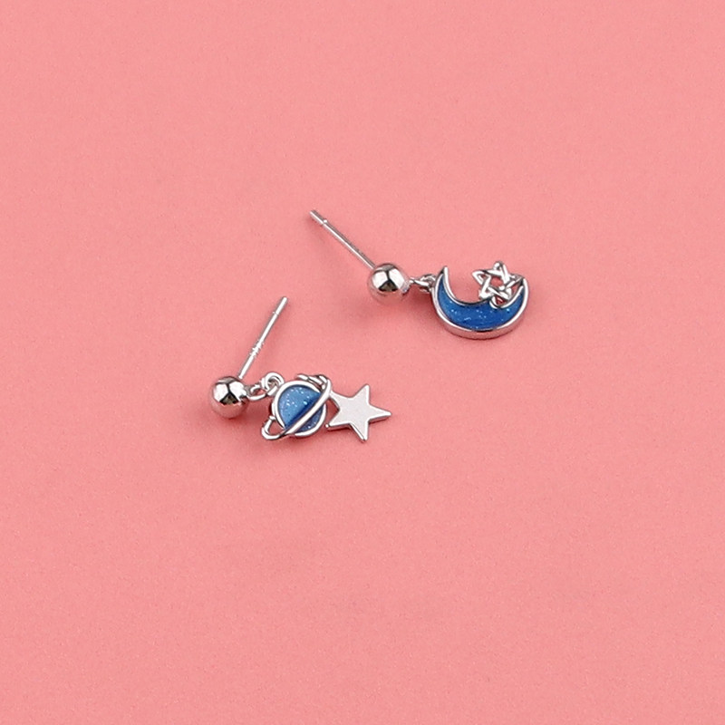 s925银星球耳钉女韩版简约小清新梦幻蓝色星星月亮不对称耳饰品