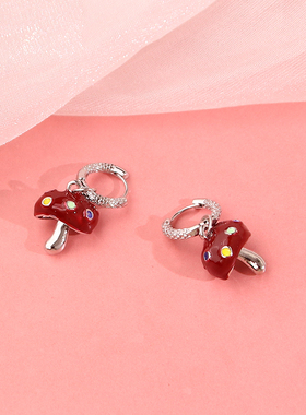 s925纯银针红色滴油彩钻蘑菇耳扣女复古个性精致耳钉耳饰独特耳环