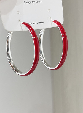 原创设计S925银针红色滴釉耳环女小众设计感高级轻奢气质百搭耳圈