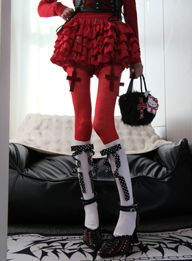 反叛圣诞甜心~红色复古纹样连裤袜叠蝴蝶结小腿甜酷千禧y2k辣妹DF