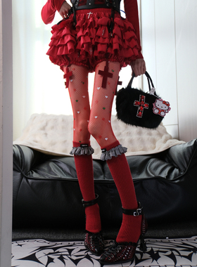 圣诞叠穿美学哥特红色爱心渔网x蝴蝶结小腿辣妹甜酷千禧亚文化DF