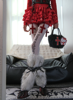 低像素圣诞辣妹|白色字母连裤袜叠绑带毛绒袜套Y2K亚文化千禧风DF