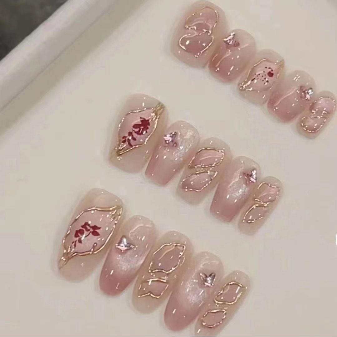 【花落】落花有意纯手工美甲穿戴甲显白显手长金丝落叶绵密猫眼甲