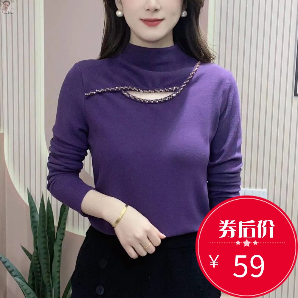 邻尔蔓精品女装2023春季新款半高领镂空烫钻双面绒打底衫T恤衣鑫