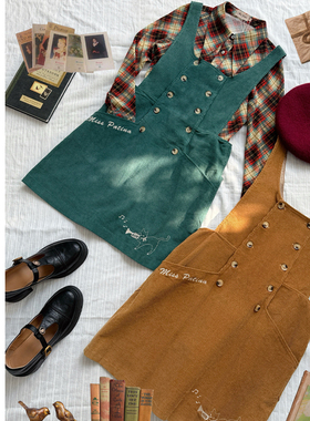 MP古典旋律系列音乐猫咪刺绣灯芯绒背心裙+尖领格子衬衫套装