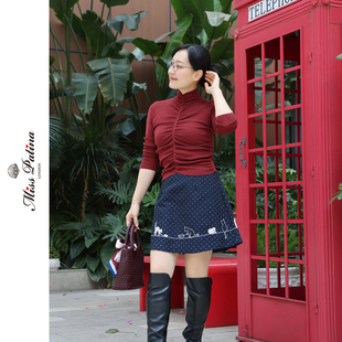 显瘦百搭 波点猫咪刺绣半裙套装 MP英伦复古半高领褶皱针织衫 女