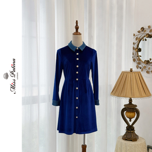 MP英伦复古原创设计 单品 60年代摩登风克莱因蓝丝绒长袖连衣裙