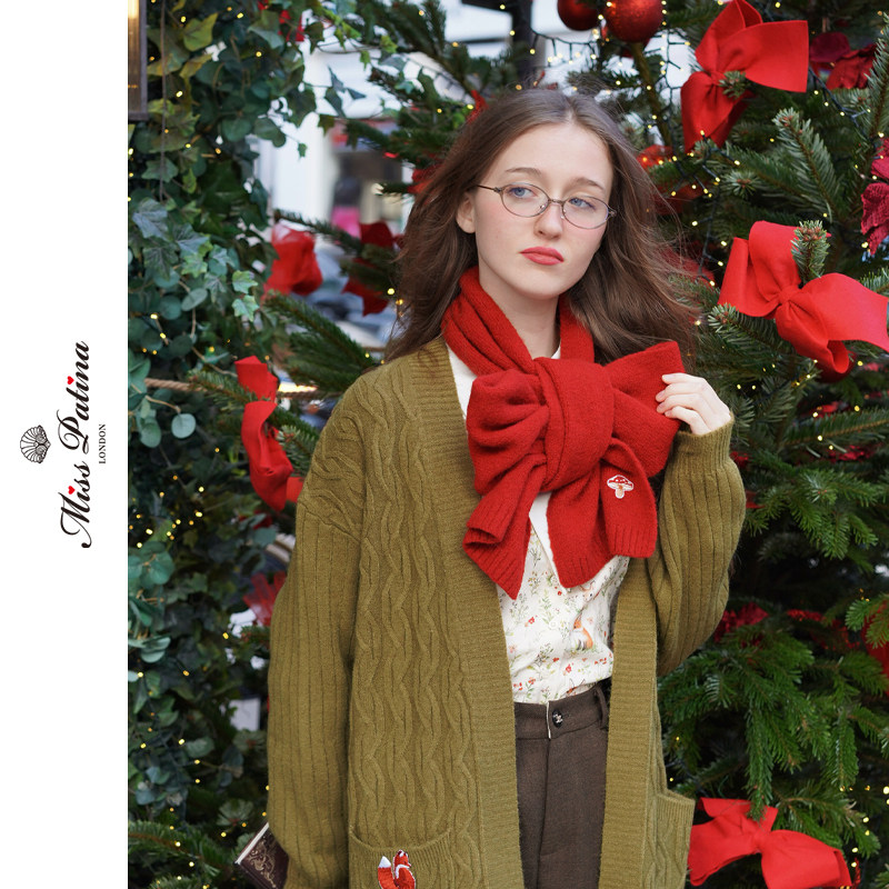 MP复古森系麻花长款小狐狸针织开衫毛衣+小蘑菇围巾