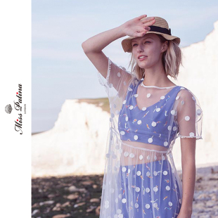 MP英伦复古原创设计印花修身背心+半裙+波点刺绣透明罩衫连衣裙