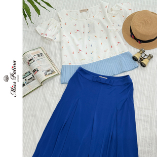 MP夏日礼包 宝蓝色蝴蝶结装饰阔腿裙裤+上衣衬衫套装