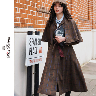 MP英伦复古福尔摩斯可拆卸斗篷两穿粗花呢格子长款大衣外套冬上新