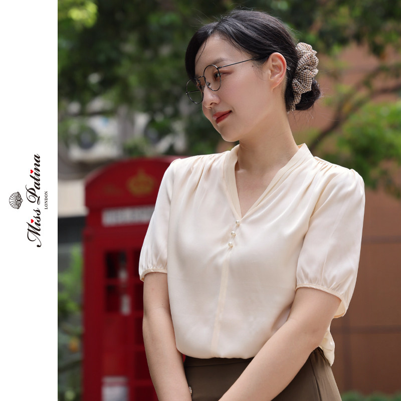 MP英伦复古 轻熟优雅风真丝衬衫女短袖V领显瘦气质桑蚕丝上衣