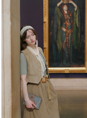 MP英伦复古田园风仿麂皮V领马甲短款背心+半裙套装 赠送蕾丝巾