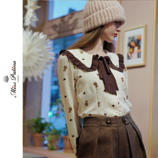 MP英伦复古原创学院风泰迪熊撞色娃娃领可拆卸蝴蝶结衬衫 短裤