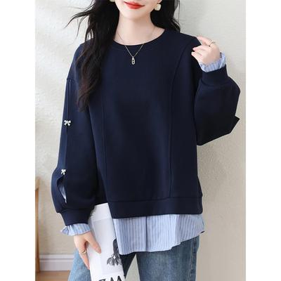 ROUMIKL假两件条纹正肩卫衣外套女士秋季巨好看的洋气时尚宽松慵