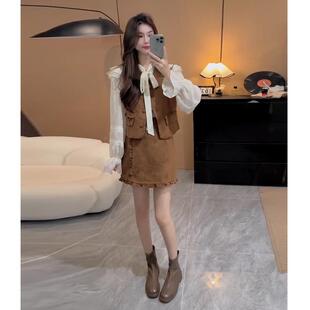 ROUMIKL小香风爆款套装女秋季2025新款美拉德马甲背心衬衫+半身裙