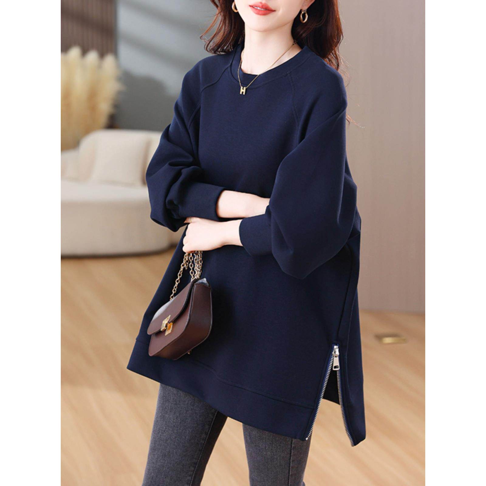 ROUMIKL中长款宽松正肩卫衣大码女士早秋胖mm遮屁股显瘦时尚洋气