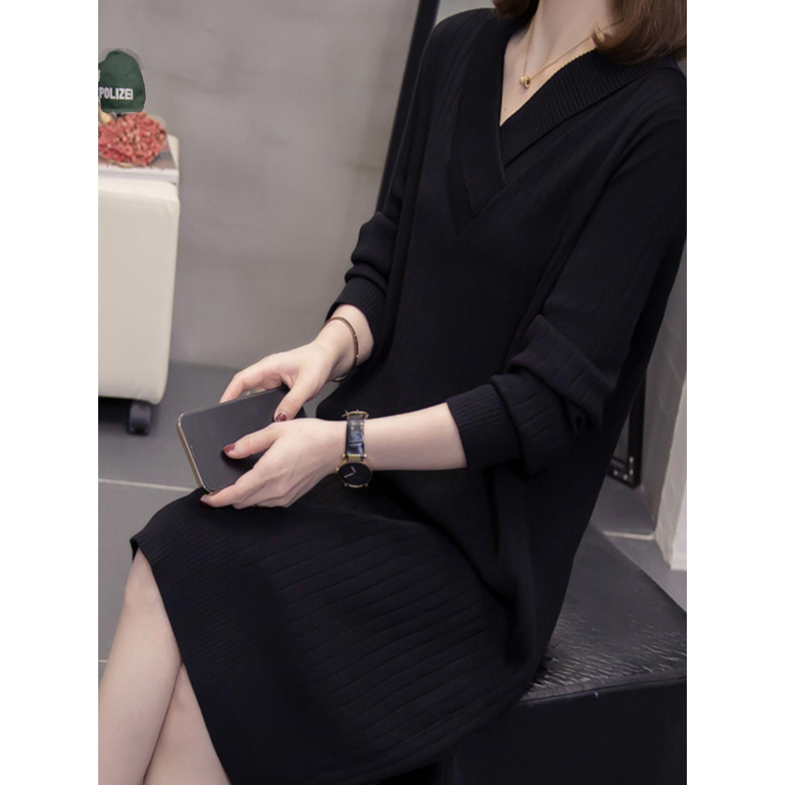 ROUMIKL加码V领针织长袖女装2025秋季新中年妈妈优雅的毛衣下摆裙