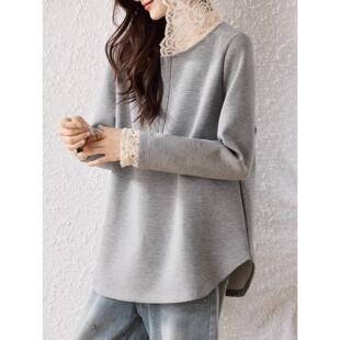ROUMIKL灰色蕾丝连帽正肩卫衣女早秋巨好看的宽松遮肚子洋气时尚