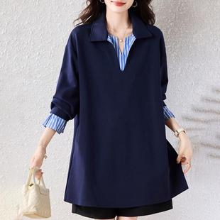 ROUMIKL假两件polo领正肩卫衣女士早秋巨好看的中长款遮屁股宽松