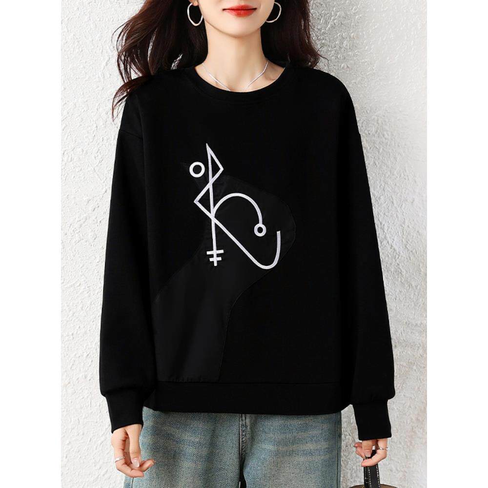 ROUMIKL黑色圆领正肩卫衣外套女秋季巨好看的洋气时尚宽松慵懒风