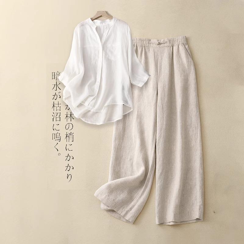 ROUMIKL妈妈高端套装女夏季大码2025新款苎麻高端裤子穿搭两件套