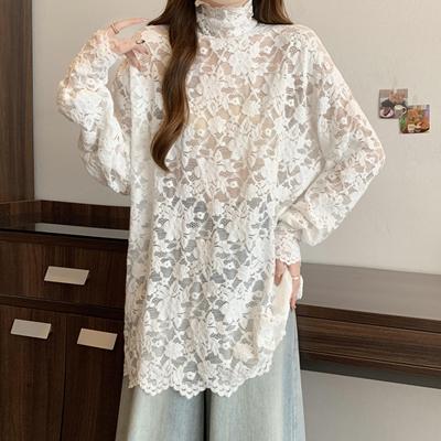 ROUMIKL高领镂空内搭打底蕾丝衫女早秋大码显瘦宽松中长款遮屁股