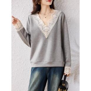 ROUMIKL灰色蕾丝v领正肩卫衣女早秋巨好看的宽松遮肚子洋气时尚长