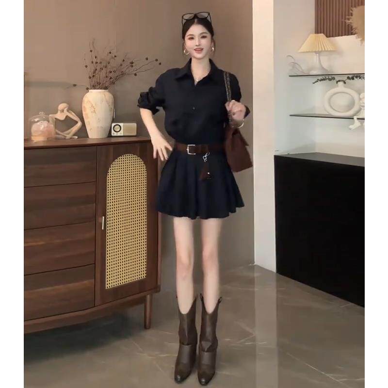 ROUMIKL法式复古气质衬衫连衣裙秋季2025新款高级感收腰显瘦长袖