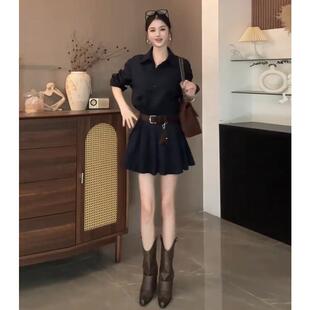 ROUMIKL法式复古气质衬衫连衣裙秋季2025新款高级感收腰显瘦长袖