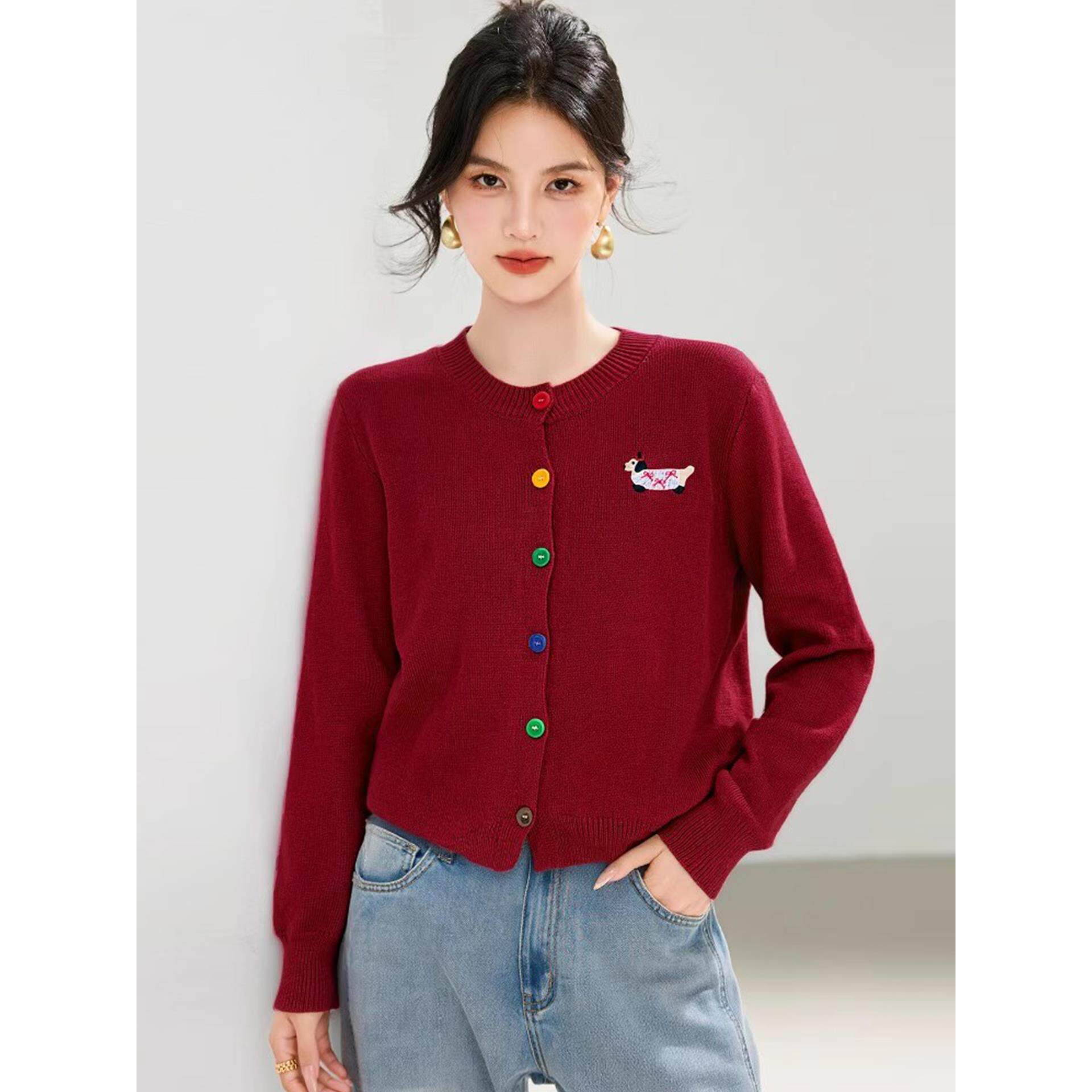 ROUMIKL高级感红色针织开衫毛衣外套女秋冬巨好看的独特漂亮绝美