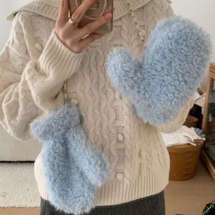 新款可爱毛绒挂脖保暖冬季加厚防风手套连指学生抗冻手套男女潮