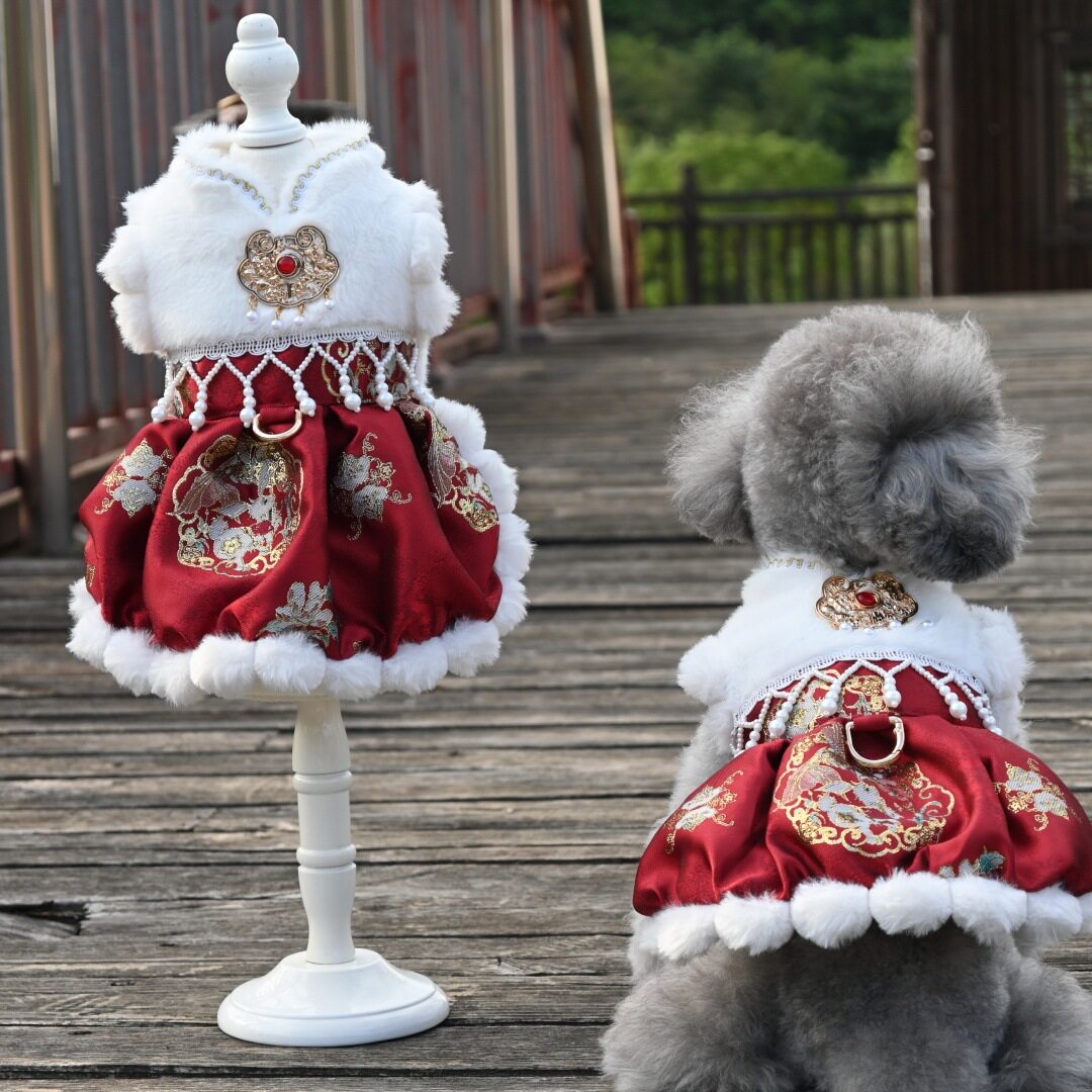 新年唐装冬季小狗狗衣服泰迪比熊宠物猫咪过年秋冬款貂毛马面裙