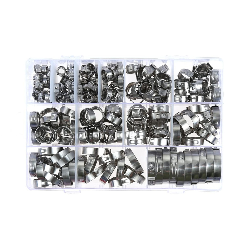 跨境 180pcs盒装 12种尺寸/不锈钢无级单耳软管夹卡箍,带钳子