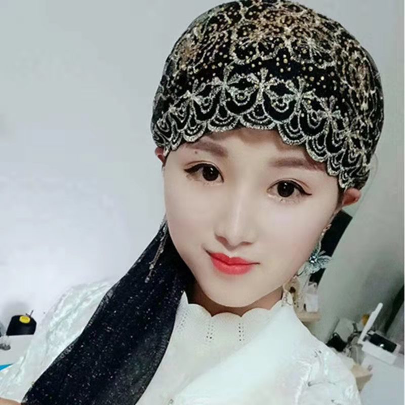 回族头巾新款女士春夏新疆绣花绑巾美人纱帽巾网纱方便头纱玫瑰花