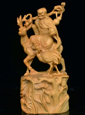 手工雕刻黄杨木雕家居摆设寿星鹿鹤同春老寿星贺寿木工艺礼品摆件