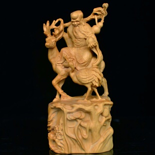 手工雕刻黄杨木雕家居摆设寿星鹿鹤同春老寿星贺寿木工艺礼品摆件