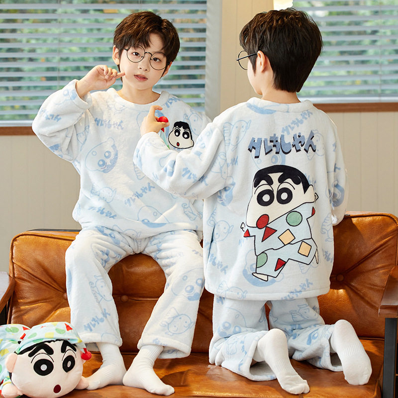 儿童睡衣珊瑚绒2025新款秋冬季大男童家居服青少年加厚小孩半边绒