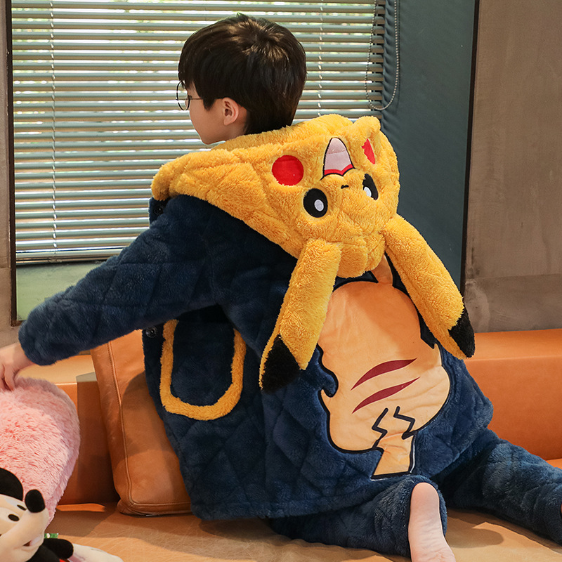 2025新款男童睡衣冬季加绒加厚珊瑚绒三层夹棉儿童男孩青少年套装