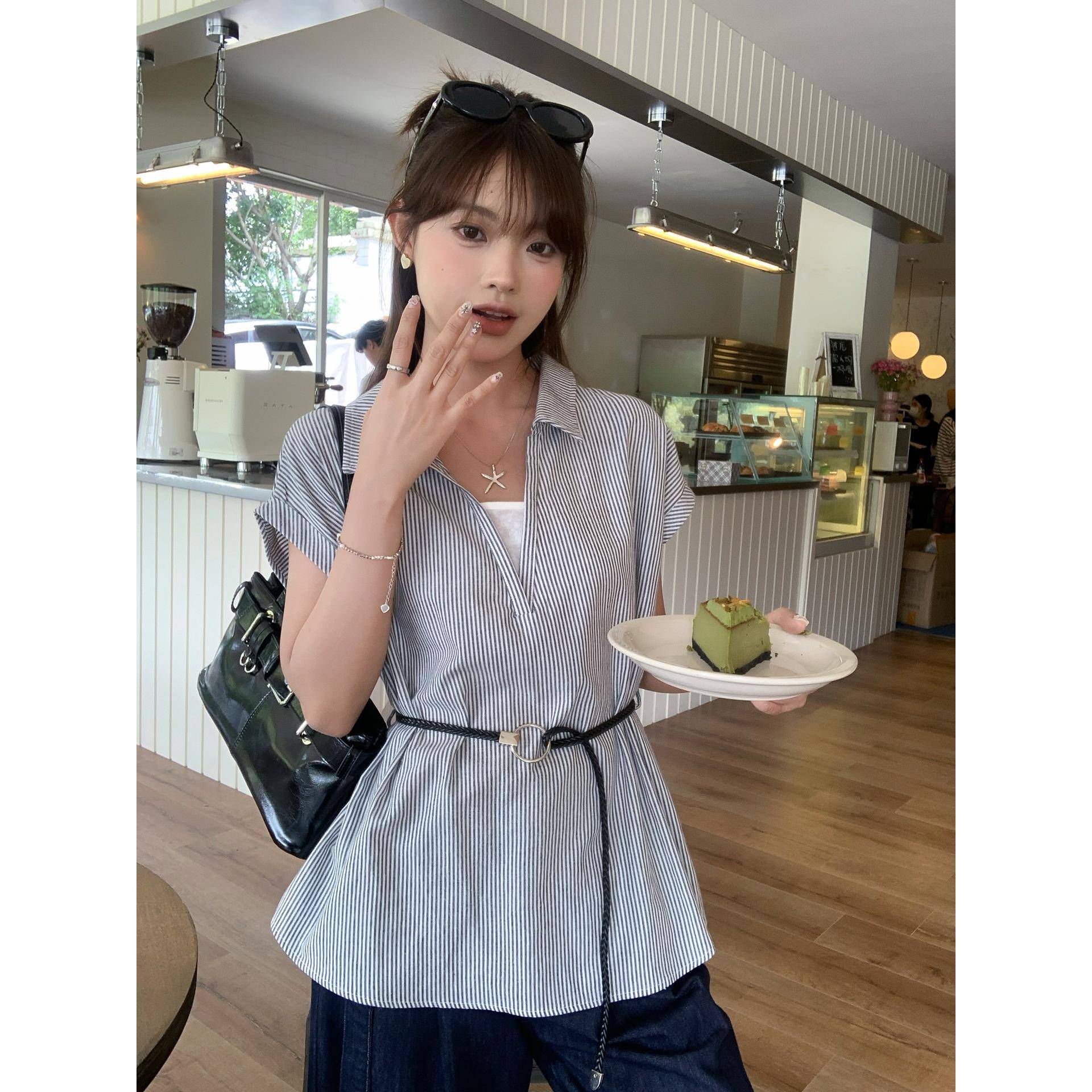 韩系氛围感条纹收腰衬衫女短袖假两件设计感2025新款出街穿搭上衣